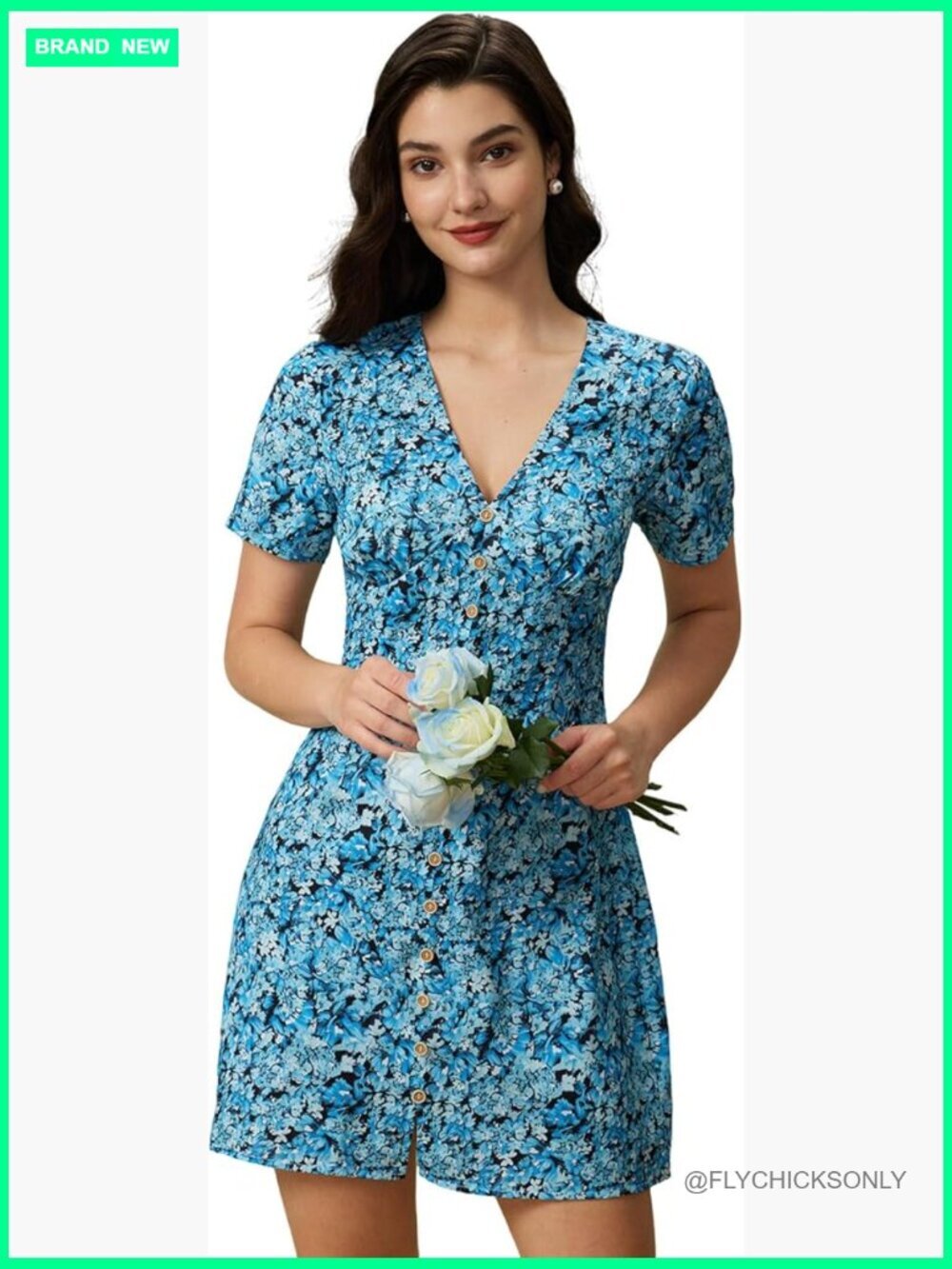 V Neck Floral Button Up Mini Dress A-Line Dresses 100% Polyester
